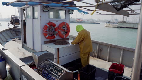 fisherman processing seafood on a fishing boat