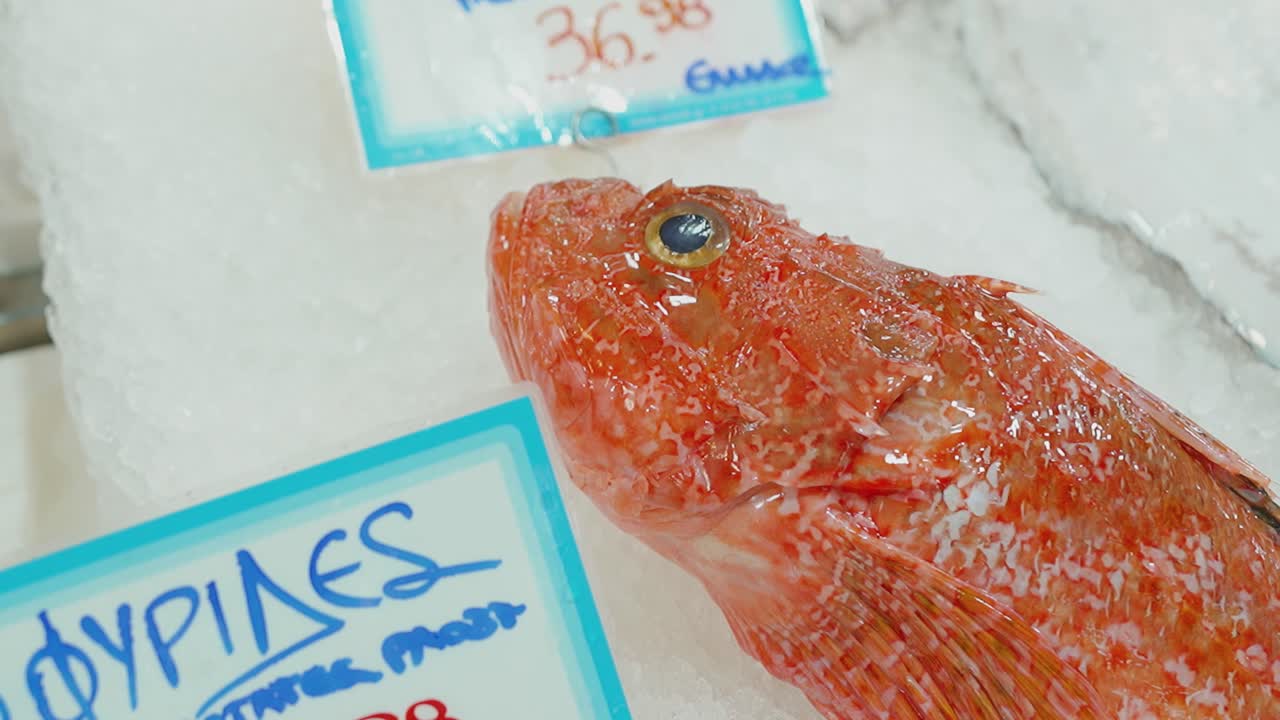 Peixe vermelho fresco no gelo no mercado, close-up de olho e escamas.