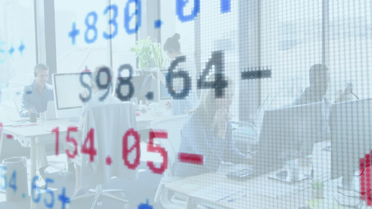 Financial data and numbers animation over people working in modern office