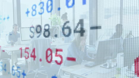 financial data and numbers animation over people working in modern office