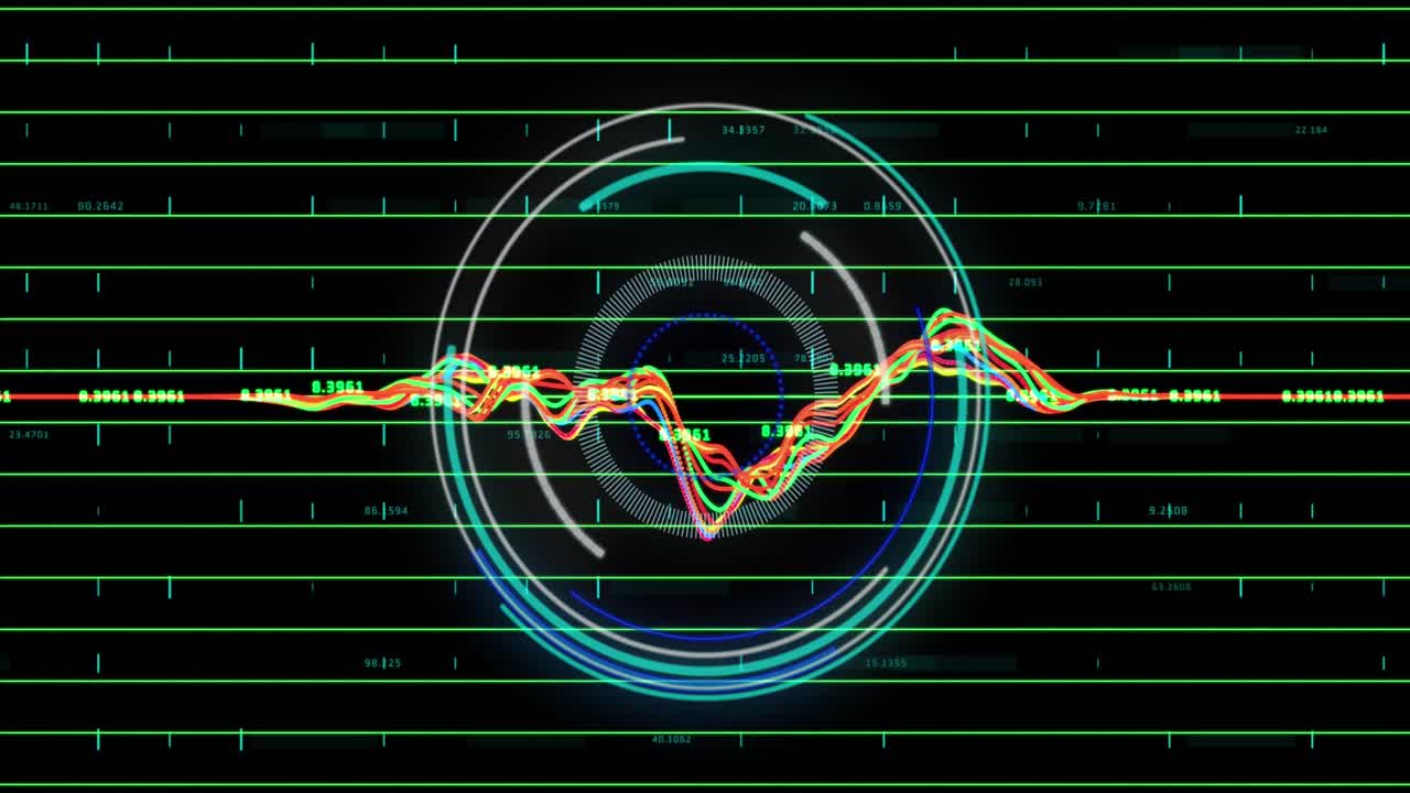 검은 바탕 위의 범위 스캐닝과 금융 데이터 처리의 애니메이션