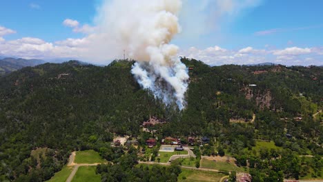 air pollution caused by a forest fire in the mountains, wildlife and nature destruction due to human inconsistency, aerial view