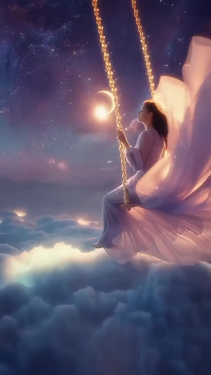 Ethereal Woman Swings Above Clouds Under a Starry Night Sky