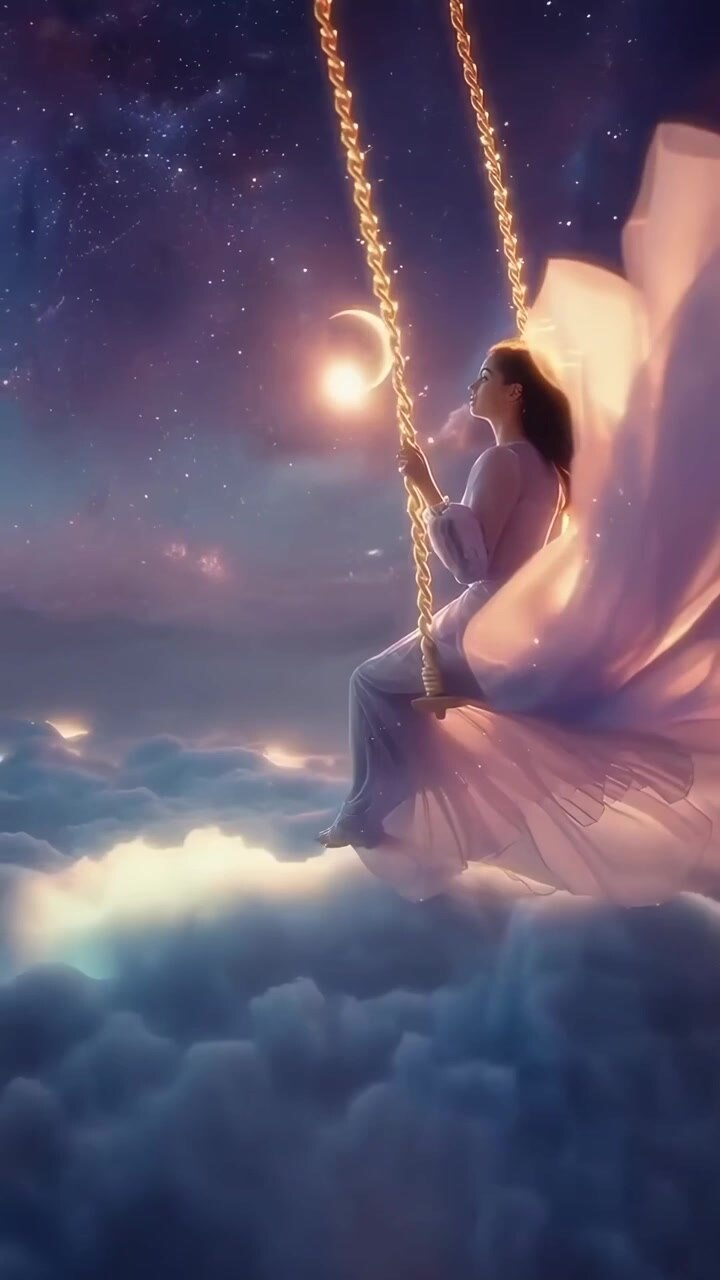 Ethereal Woman Swings Above Clouds Under a Starry Night Sky
