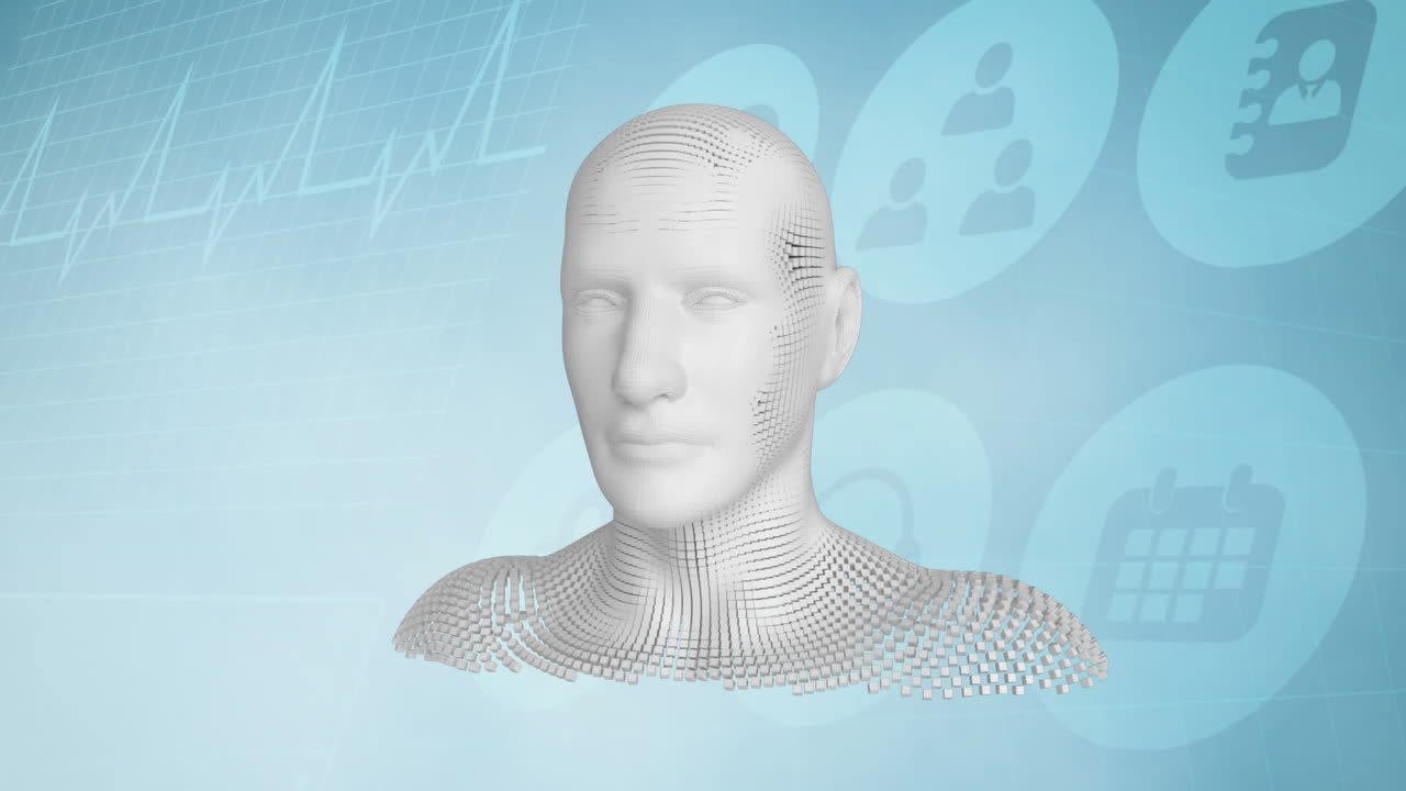 Moving human bust with icons on blue background