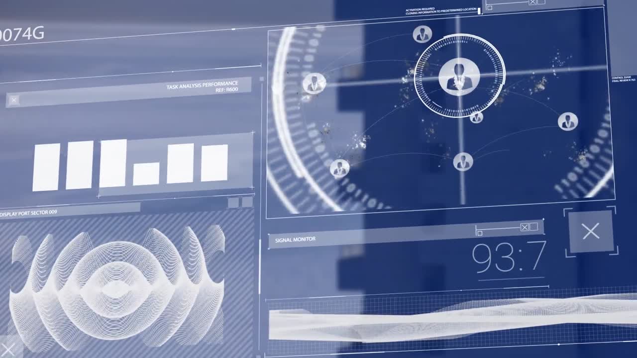 도시 풍경 위에 미디어 아이콘으로 데이터 처리의 애니메이션