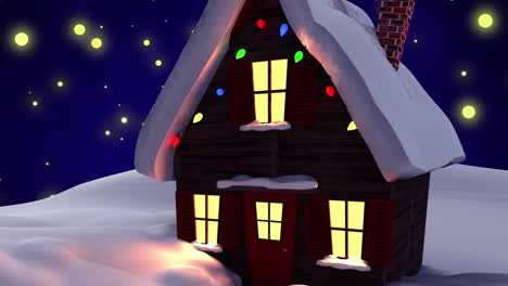 animation of christmas house in winter scenery on blue background