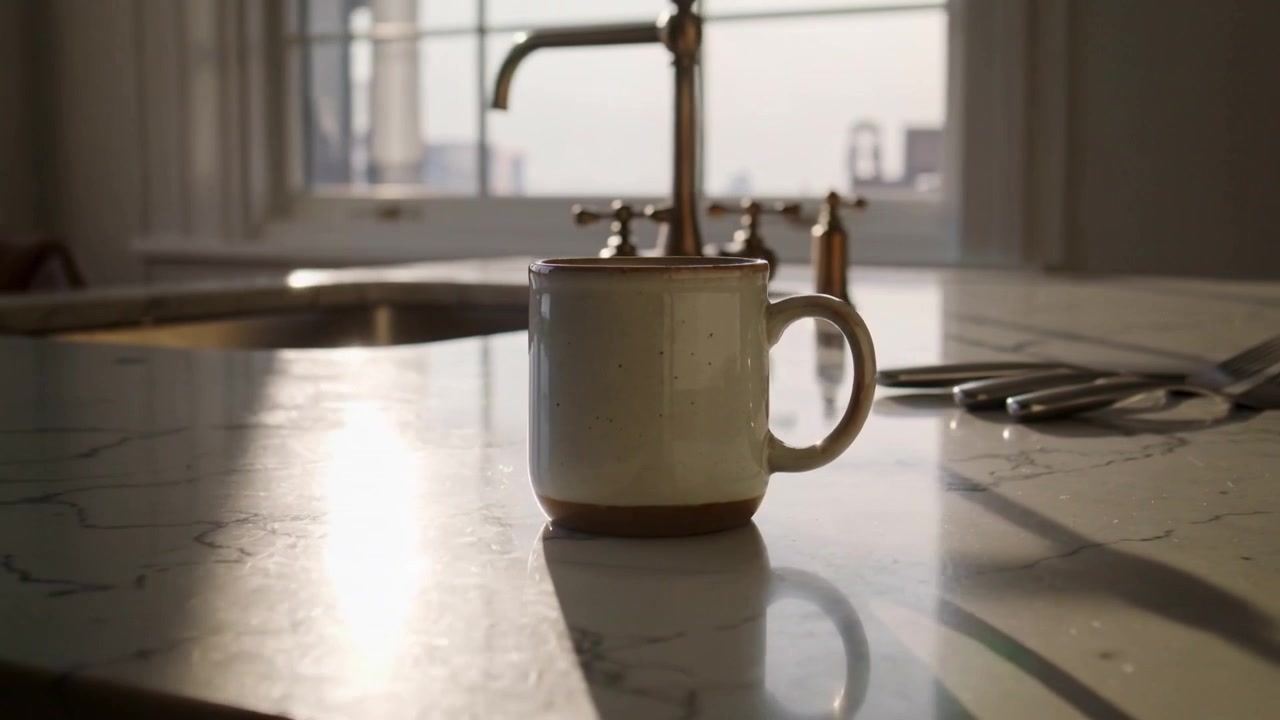 Cream ceramic mug staying centered on marble island while sunlight shifting and revealing forks