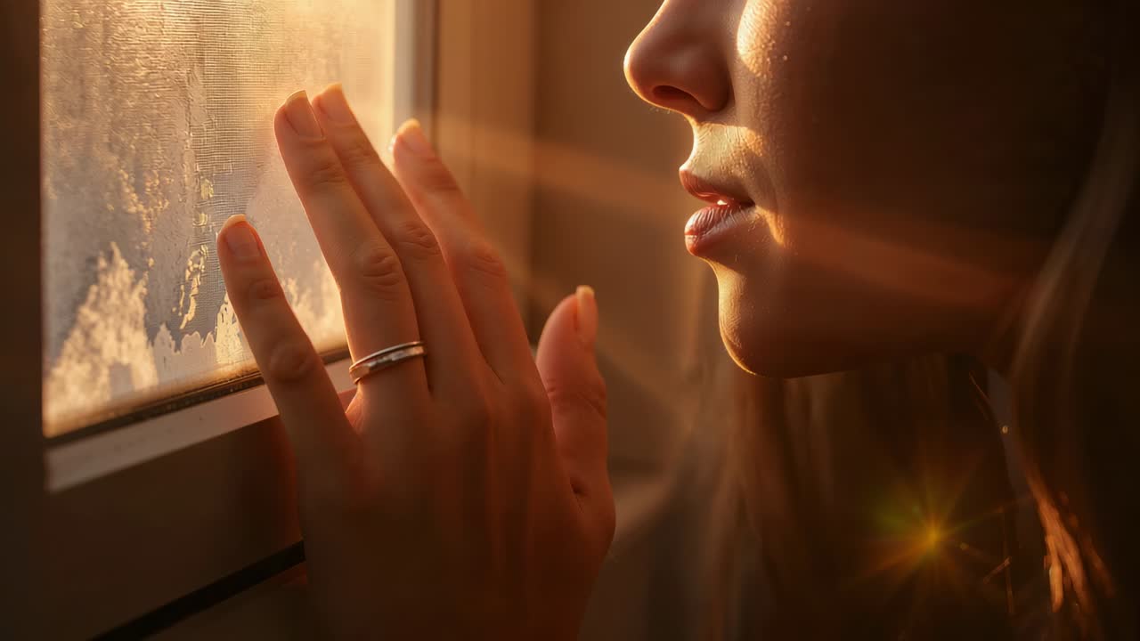 Raggio di sole, donna che appoggia il palmo su una finestra gelata a casa, osservando il ghiaccio con un anello d'argento
