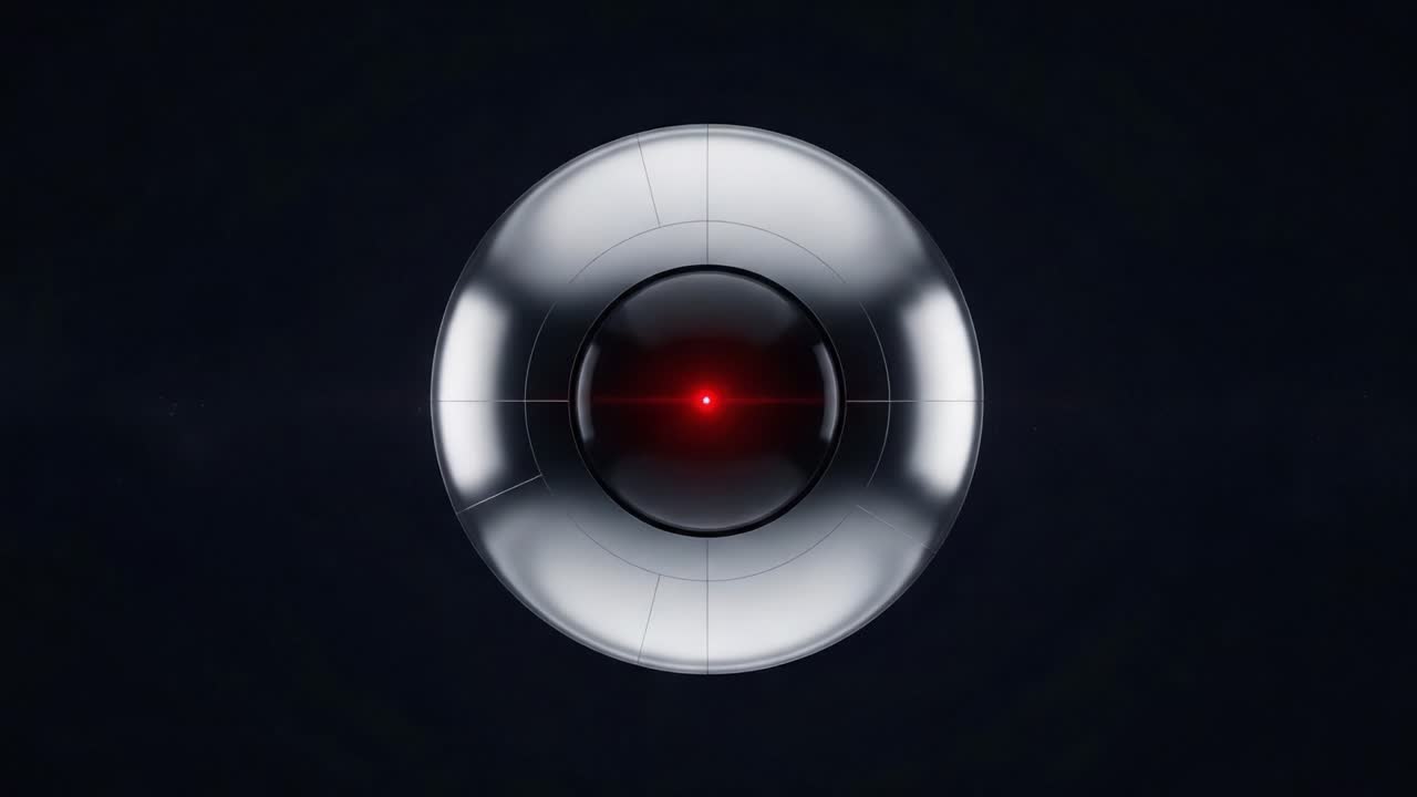 A Glimpse into Advanced Technology: The Eerie Gaze of a Futuristic Eye-Like Device with a Red Laser Focus, Symbolizing Surveillance and Artificial Intelligence
