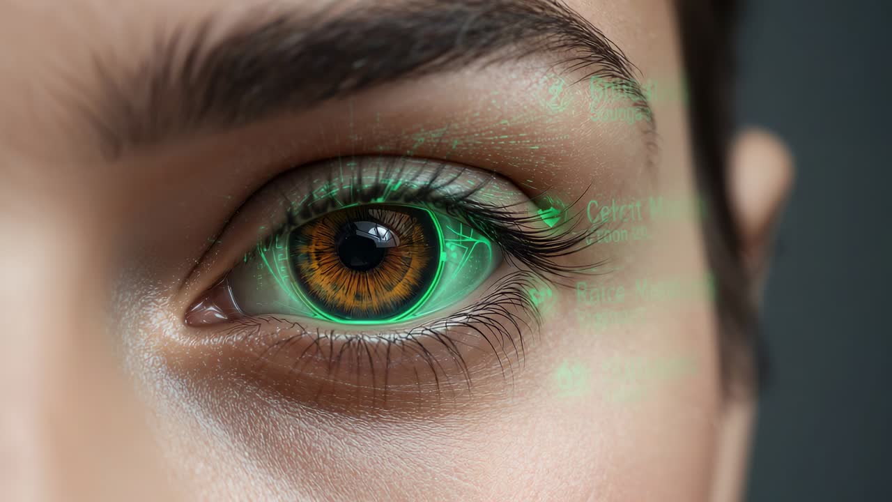 Digitalização do olho direito em close-up, ponto turquesa aparecendo na pupila iniciando a leitura do HUD para sobreposição de RA