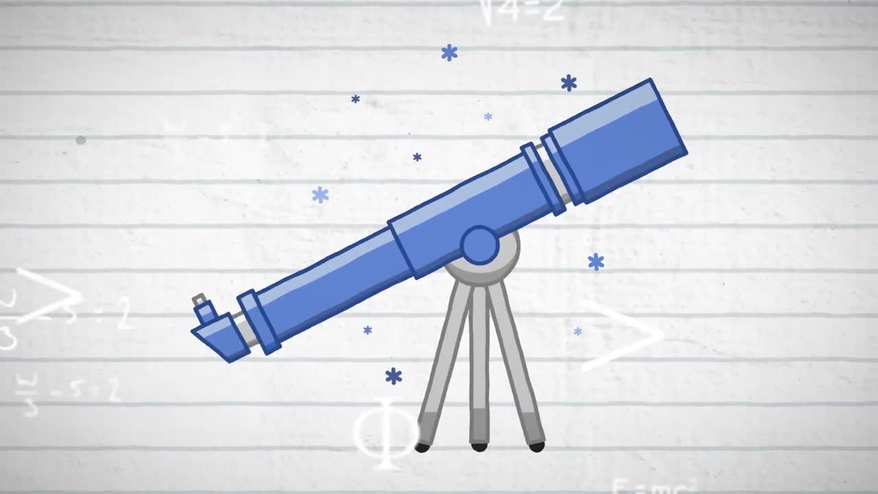 animación digital del icono del telescopio contra ecuaciones matemáticas en papel de línea blanca