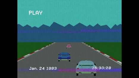 animation of play digital interface over screen with car race game in background