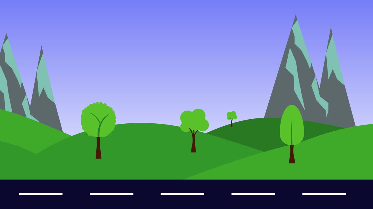 animación de paisajes naturales de colinas, montañas y carreteras, diseño plano, bucle sin costuras