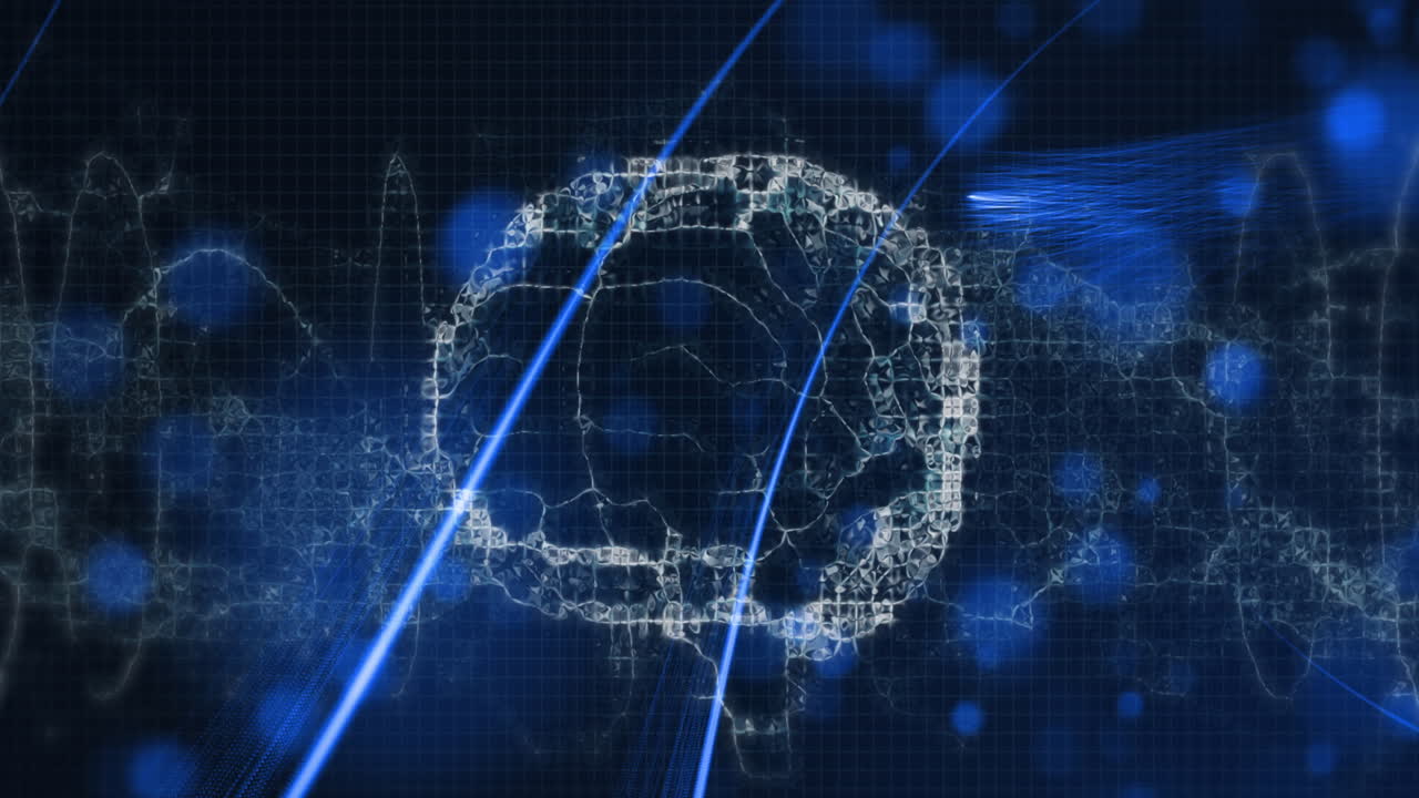 인간의 뇌 위의 디지털 파동 아이콘은 파란색 배경의 파란색 반점에 대한 빛입니다.