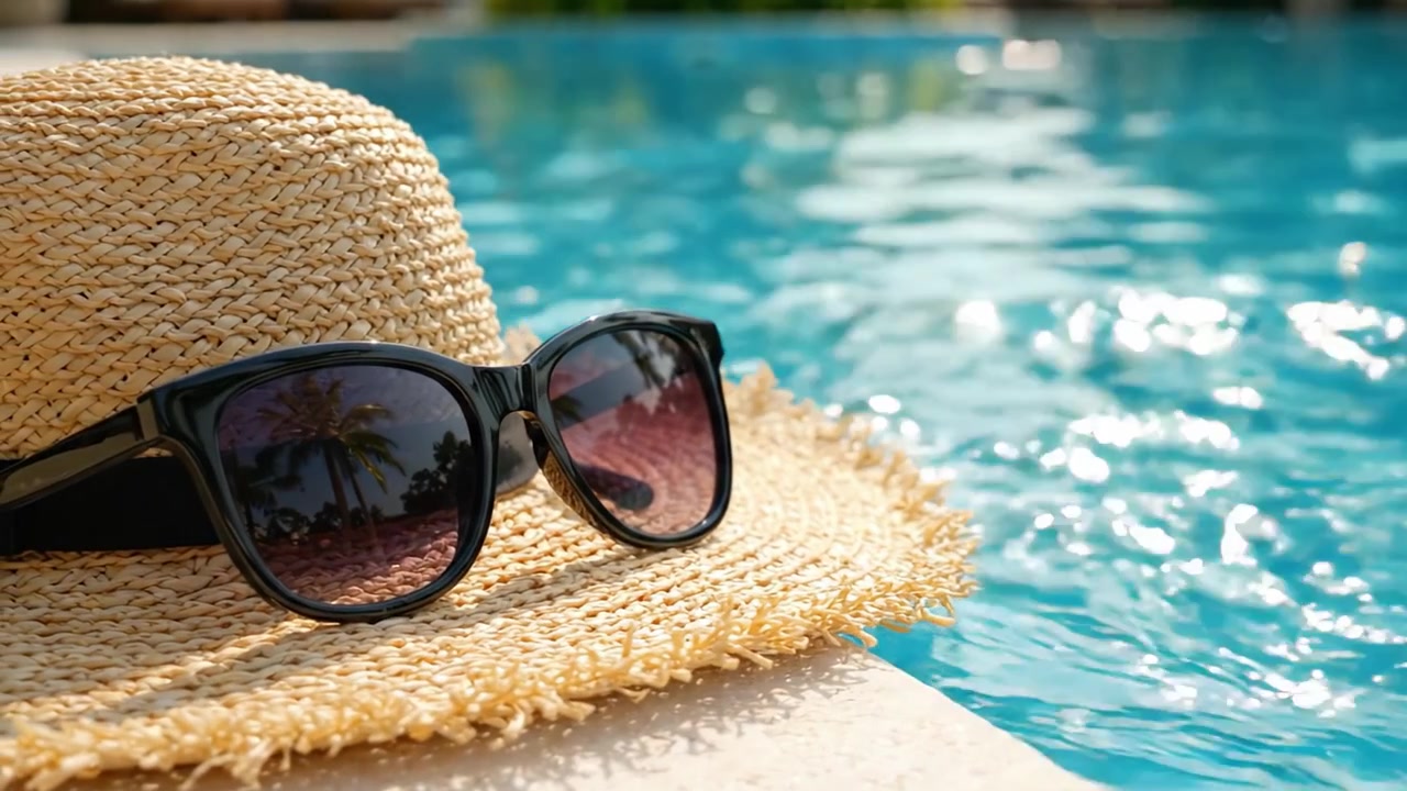 Relaxing Summer Vibes: Sunglasses and Straw Hat by the Crystal Clear Pool Water, Perfect for a Laid-Back Sunbathing Experience Under the Bright Sunlight