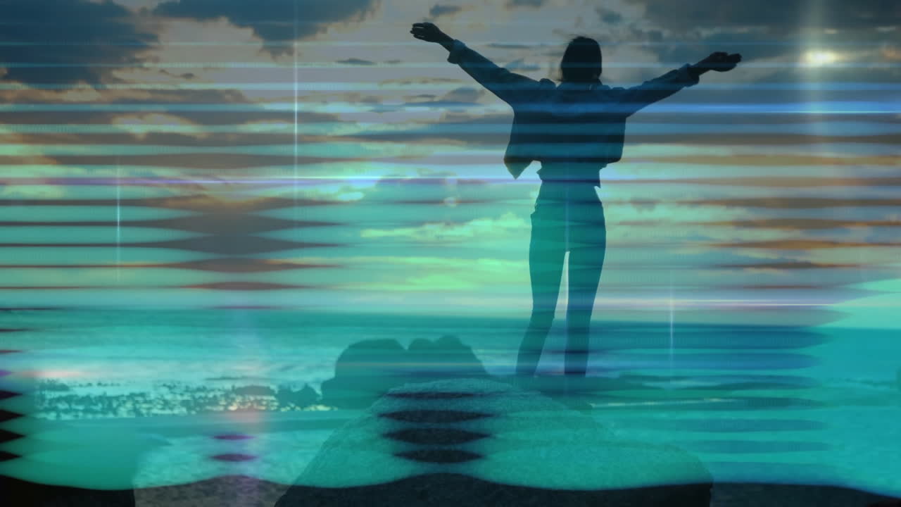 Silhouette of person with arms outstretched over abstract ocean waves animation