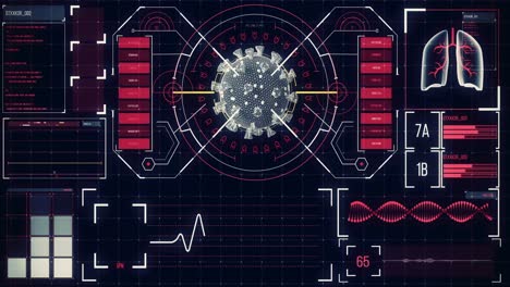 animación de la célula macro coronavirus covid-19 analizada en una pantalla con información médica