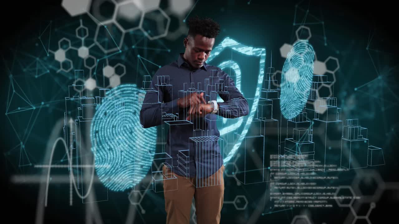 animación de la ciudad digital y procesamiento de datos sobre hombre afroamericano usando reloj inteligente