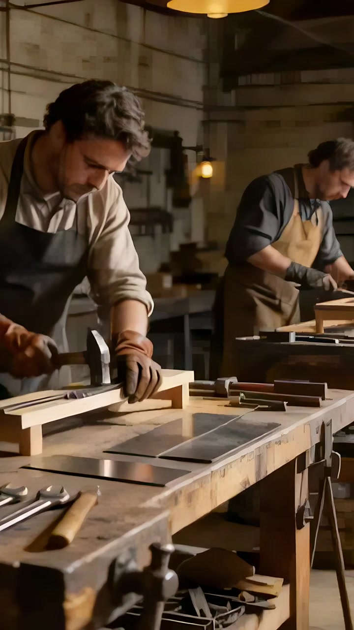 Vertical video: Placing piece on jig then hammering, left worker shaping at shop bench with apron