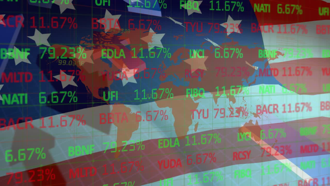 주식 시장 데이터 처리와 우리에 대한 세계 지도  ⁇ 발과 화살표