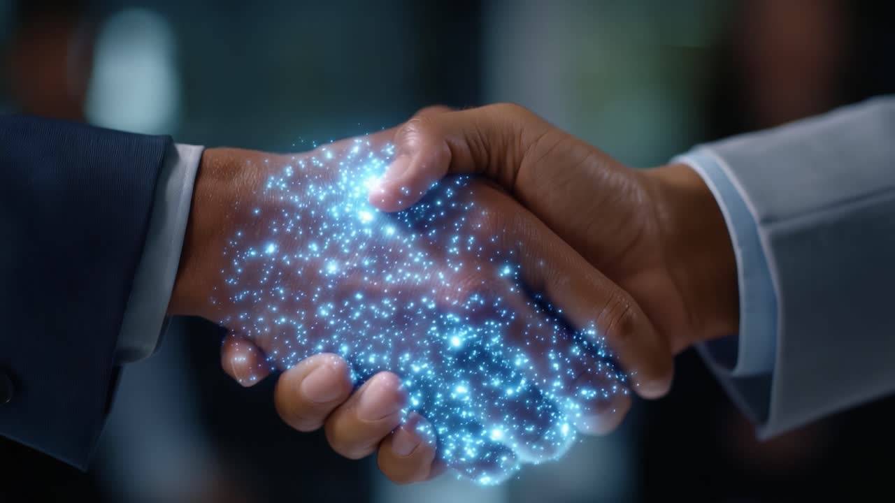 A Symbolic Handshake Representing Partnership, Unity, and the Fusion of Technology with Humanity in a Modern Digital Era