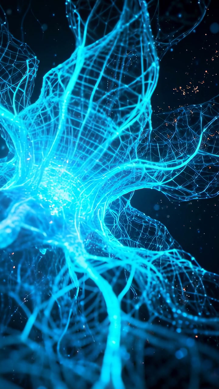 Glowing core pulsing, initiating mesh rotation and filament extension in dark void for science