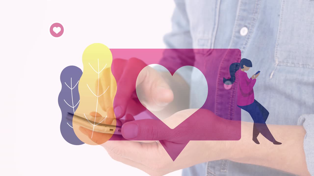 animación de un emoji de corazón sobre un hombre caucásico usando un teléfono inteligente