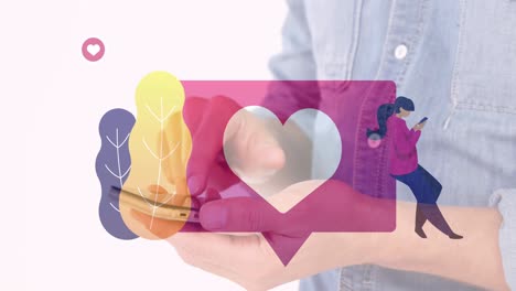 animación de un emoji de corazón sobre un hombre caucásico usando un teléfono inteligente