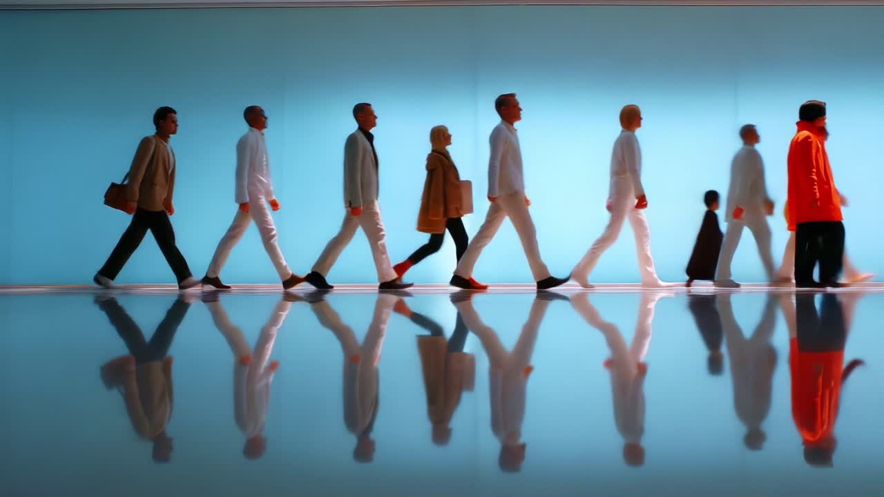 A Dynamic Display of Modern Fashion: A Group of Individuals Walks in a Beautifully Lit Environment, Showcasing Diverse Styles and Reflections Against a Soft Blue Backdrop, Creating a Striking Visual Experience