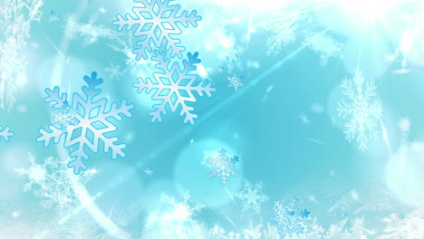 animation of snowflakes and lens flares over blue background