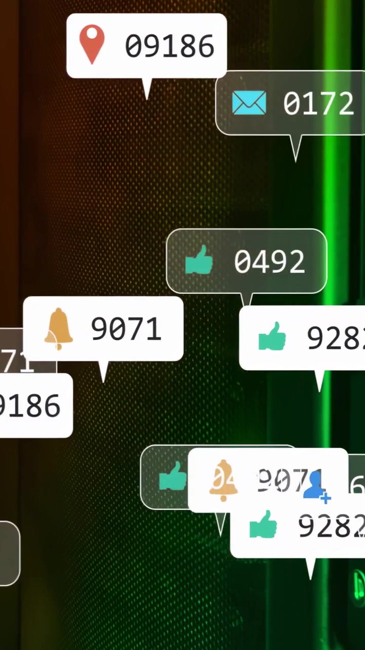 Vertical video: Alert bubbles flowing from right clustering over glowing nodes showing activity