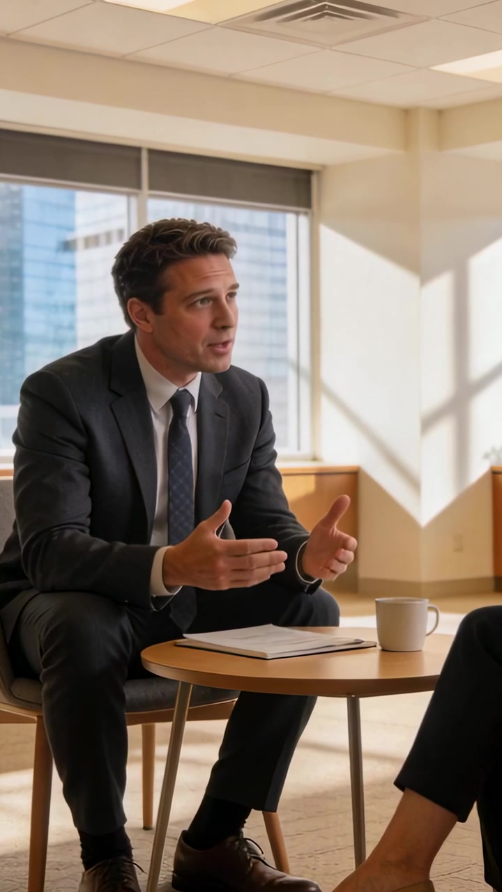 Vertical video: Answering question, man in dark suit gesturing in office, notebook and mug at table