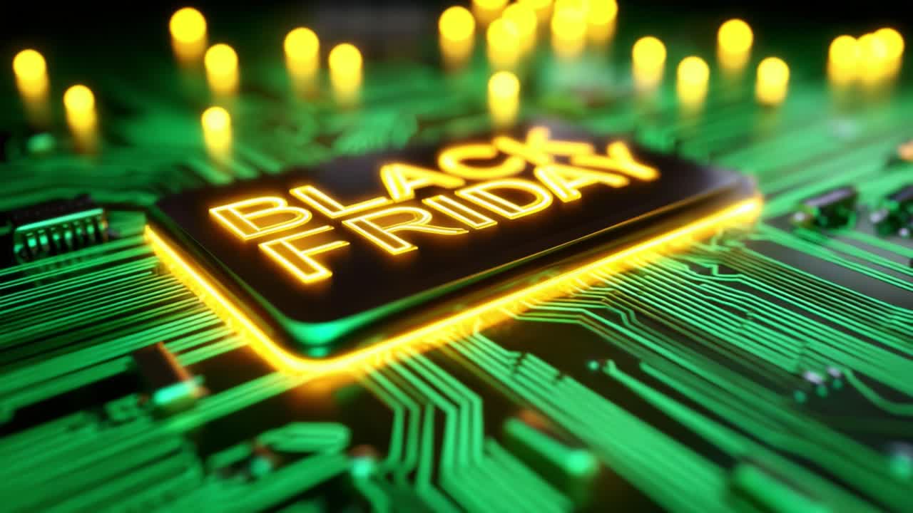 An Eye-Catching Representation of Black Friday Sales on a Circuit Board Background, Highlighting the Excitement and Technology of Shopping Events in the Digital Age