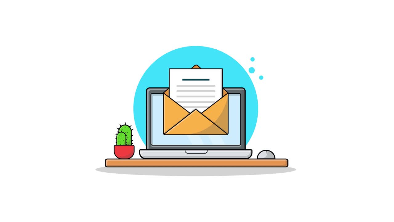 Illustrazione animata di un messaggio email che appare sullo schermo di un laptop.