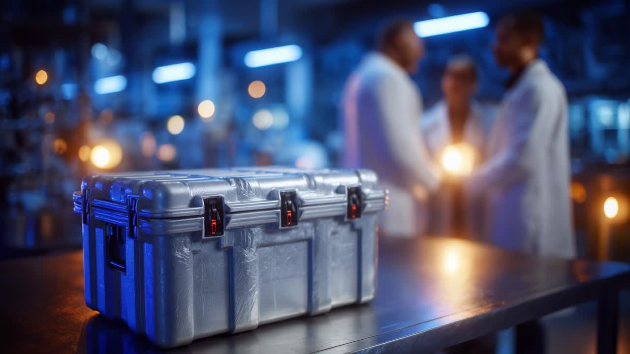 In a high-tech laboratory, a silver case sits on a table as scientists in white coats engage in discussion, illuminated by dim blue lighting and soft glows