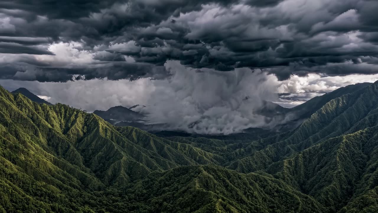 Dramatic aerial video view of lush green mountains under a dark, stormy sky, capturing the intense