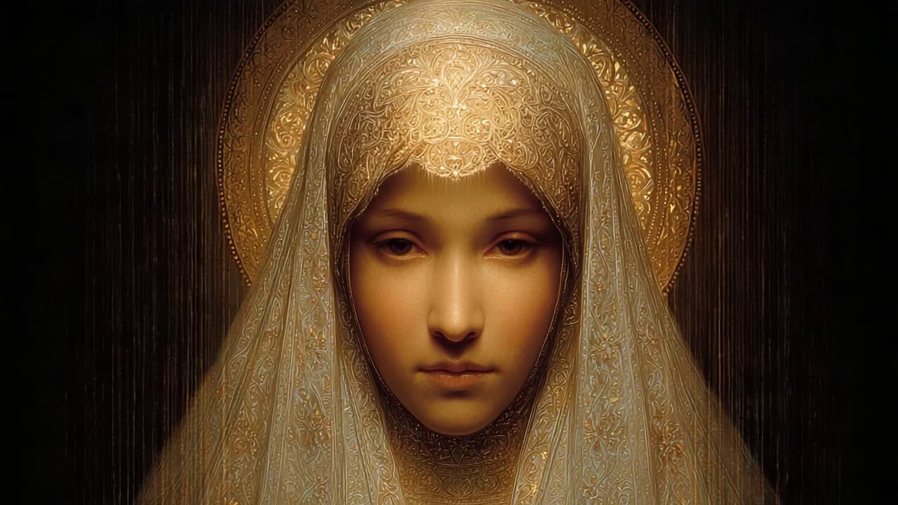 Um Retrato Sereno de uma Figura Enigmática Velada em Elegância Etérea, Rodeada por um Halo de Luz Dourada, Capturando Beleza Atemporal e Refletindo Paz Interior