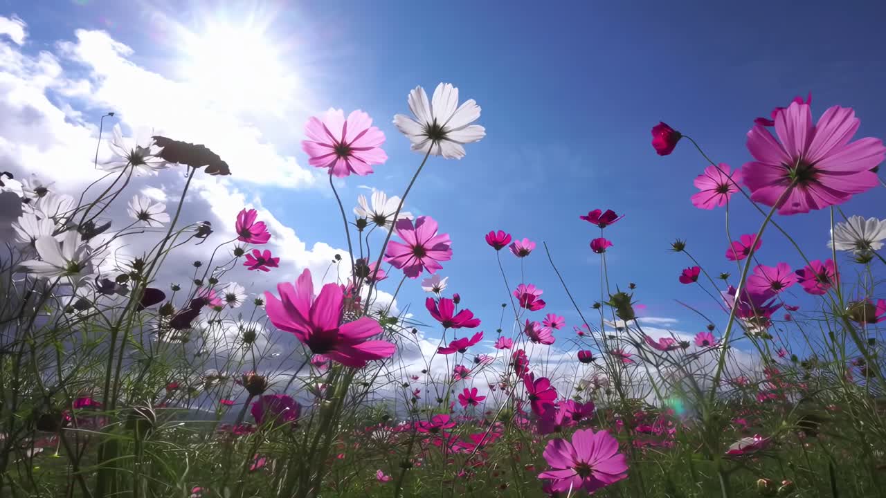 Vídeo en ángulo bajo de vibrantes flores rosas con un cielo azul brillante y nubes iluminadas por el sol, Live
