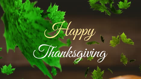 animation of happy thanksgiving text with falling green leaves over abstract background