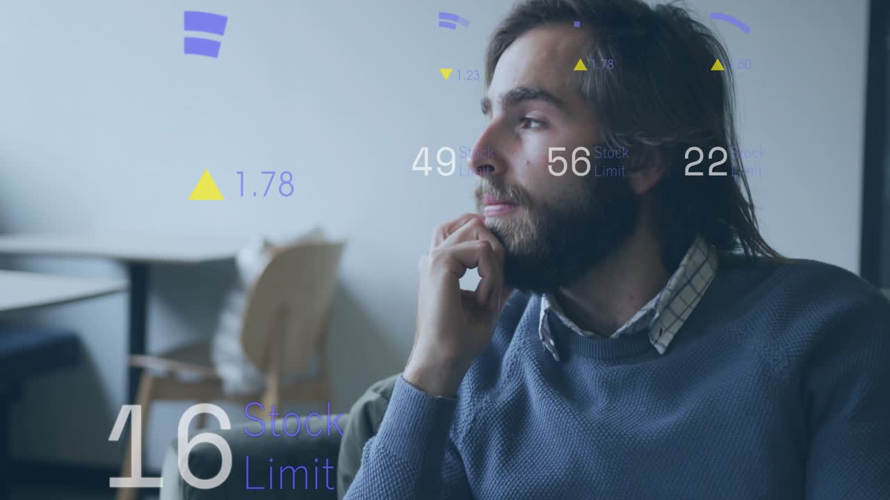 Man on sofa watching AR fintech gauges appearing around him rising then falling and analyzing limit