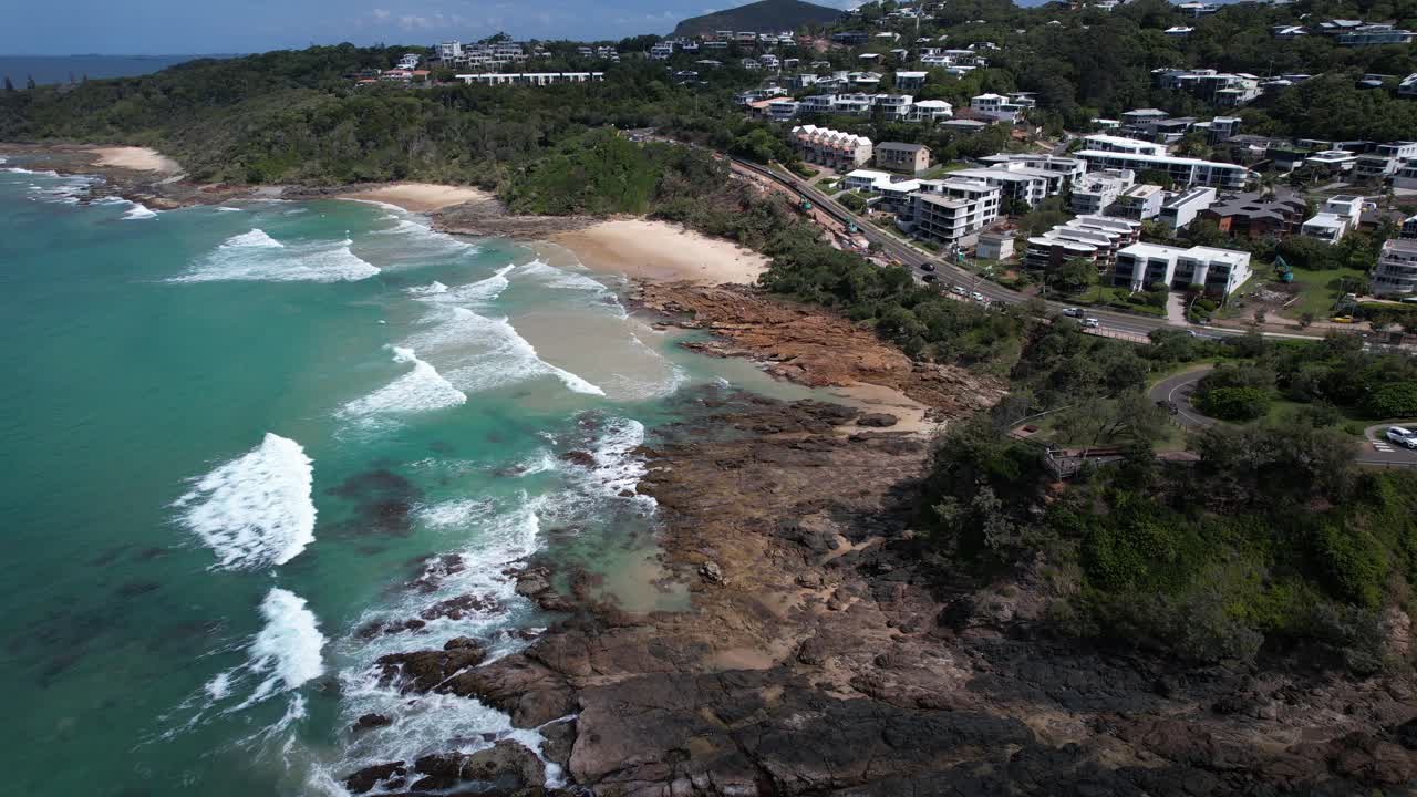 Aerial View Of Numerous Waves Hitting The Rocky Coast Of Beach In Coolum, Sunshine Coast, QLD, Australia