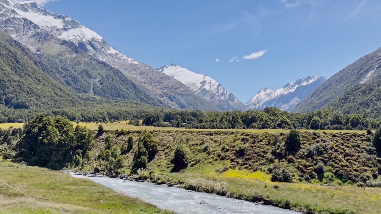 Paysage à couper le souffle de sommets enneigés, d'une forêt indigène dense et d'une rivière tressée cristalline traversant une vallée pittoresque en Nouvelle-Zélande.