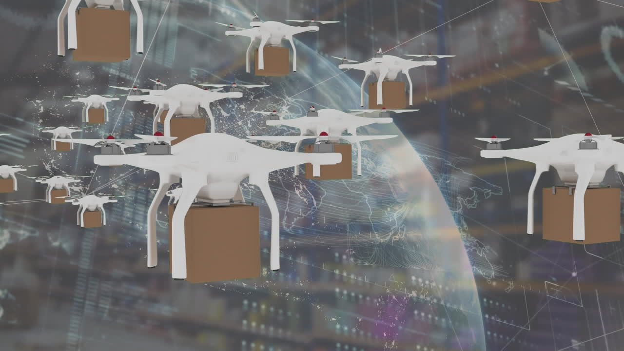 상자를 들고 하늘을 날아다니는 드론