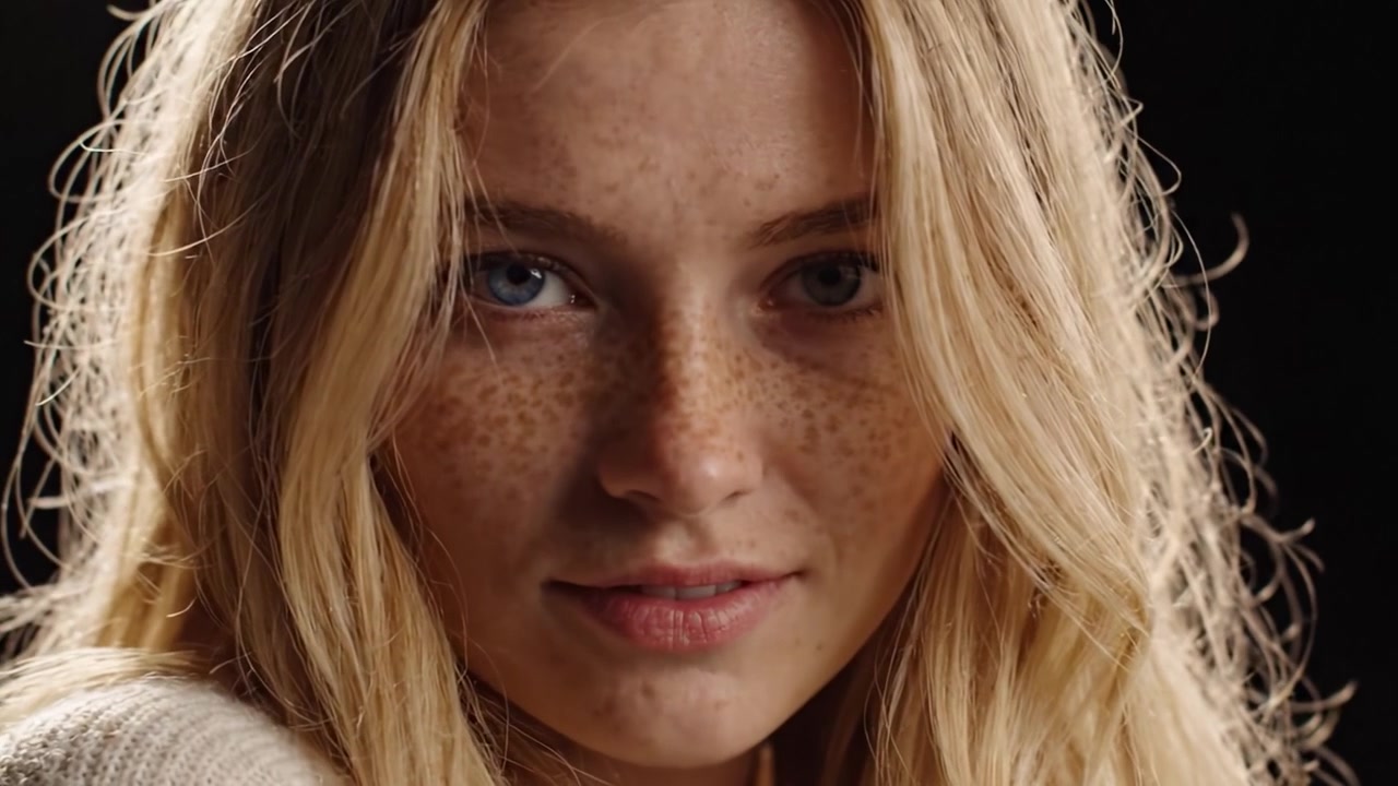 Cautivador retrato de una joven con pecas, expresando una gama de emociones y belleza, resaltado por una iluminación suave sobre un fondo oscuro