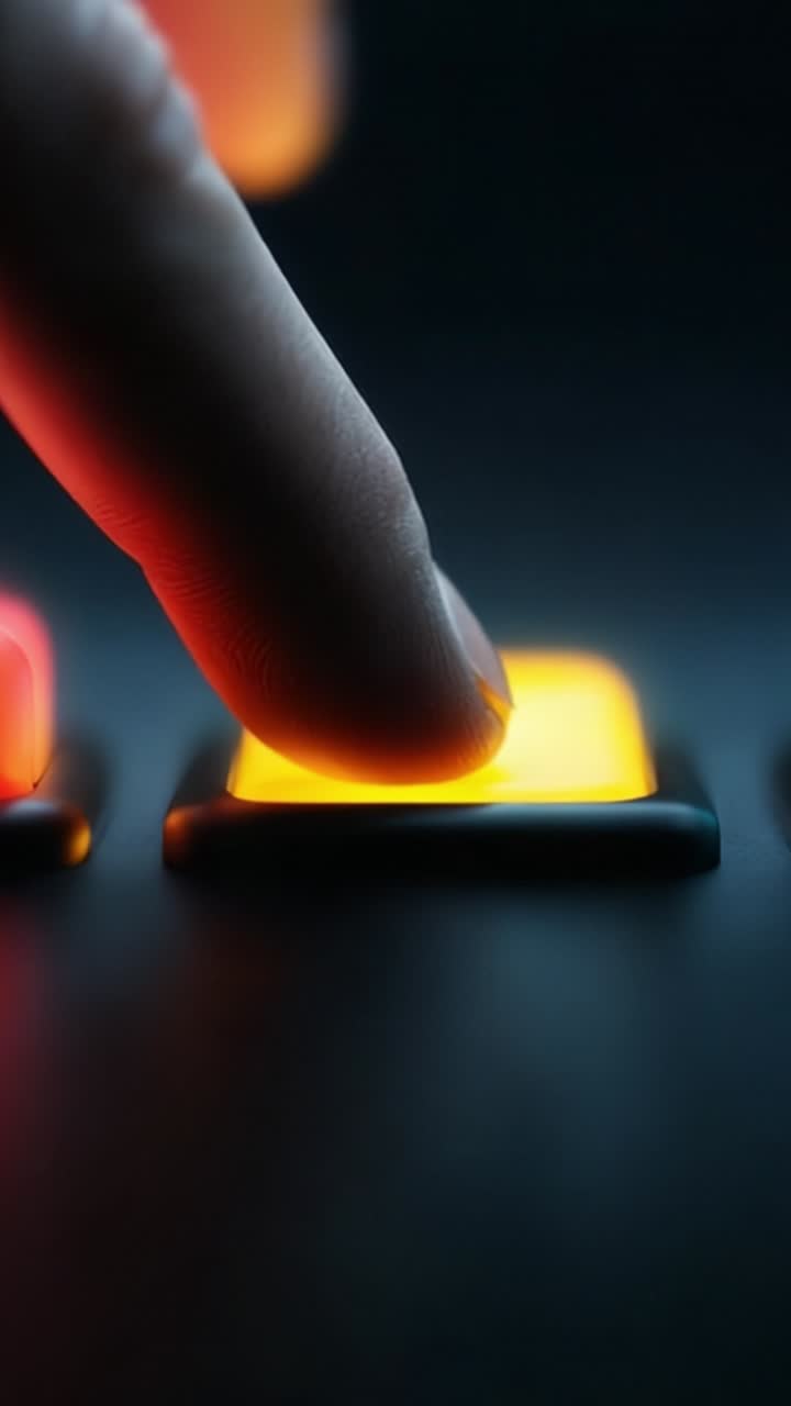 Un primo piano di un dito che preme un pulsante illuminato, che passa da un arancione brillante a un bagliore rosa tenue in un ambiente scuro, evocando un senso di interazione