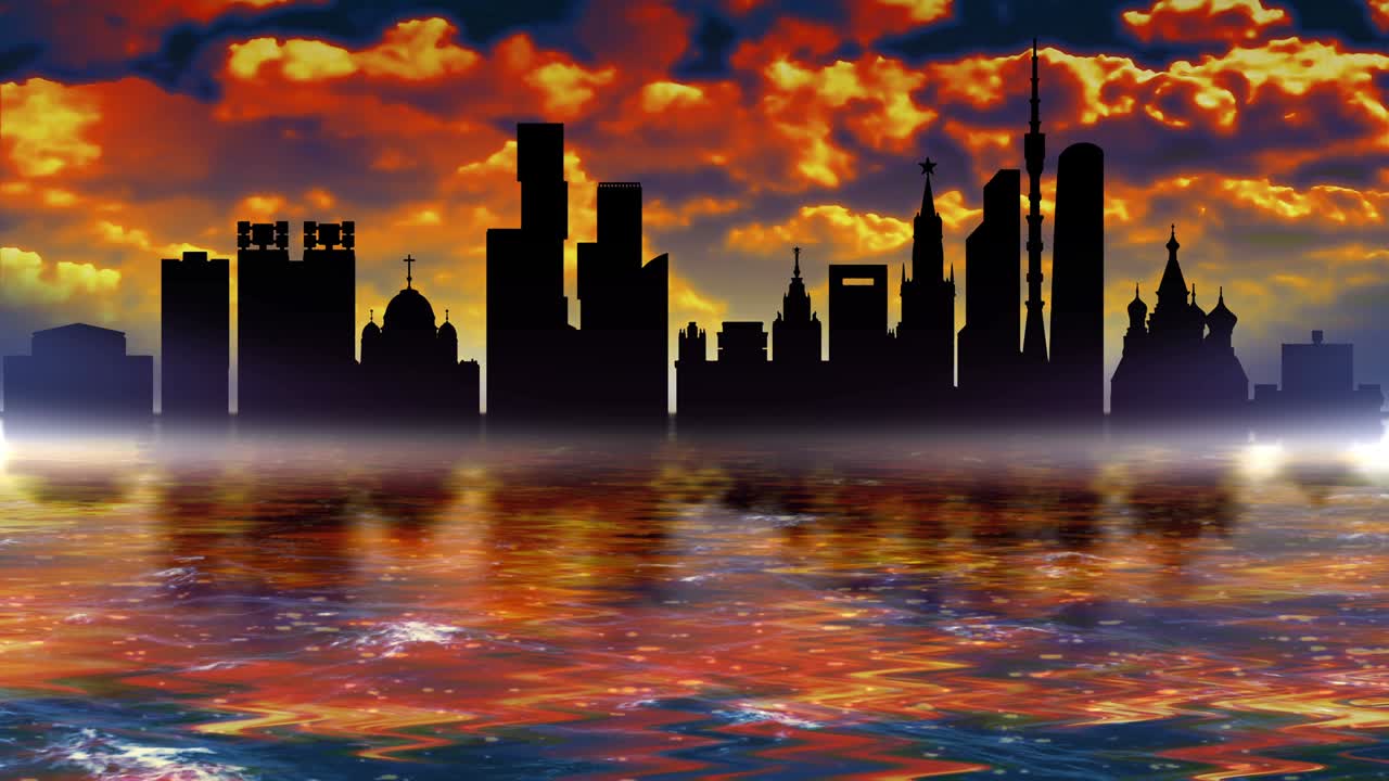 Panorama of the sights of Moscow. The outlines of buildings are reflected in the water.