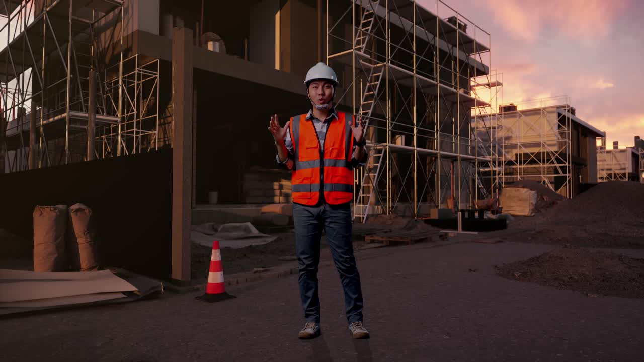 Man in Hard Hat Gesturing at Construction Site During Sunset