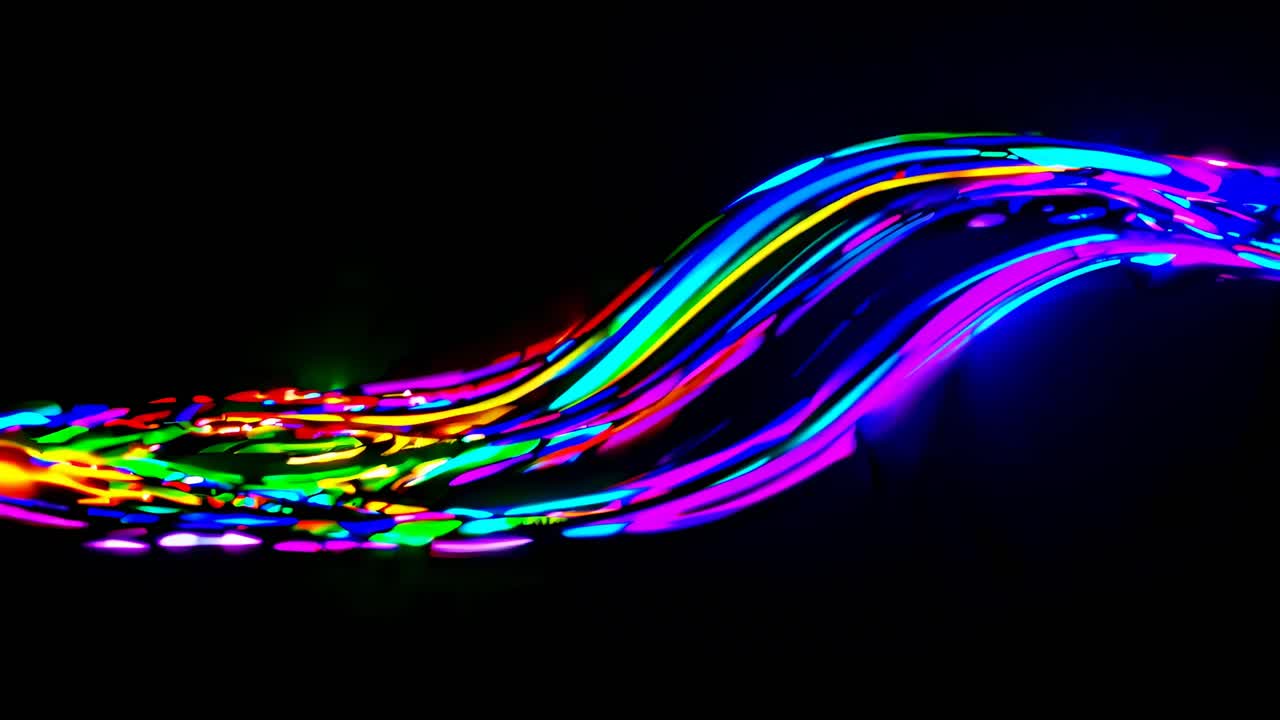 Rastros de luz vibrantes em movimento, capturados de um ângulo baixo, criando um efeito de onda dinâmico.