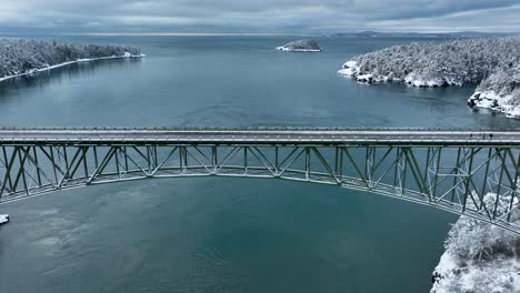 wide aerial view of deception pass bridge with no cars on it in with snow all around